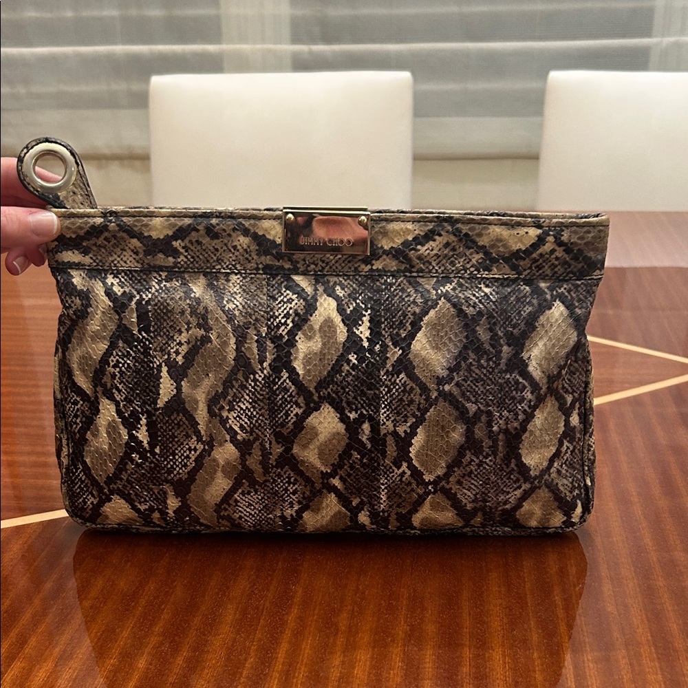 Jimmy Choo Snake-Print Clutch bag wallet in Beige and Black - Picture 2 of 4